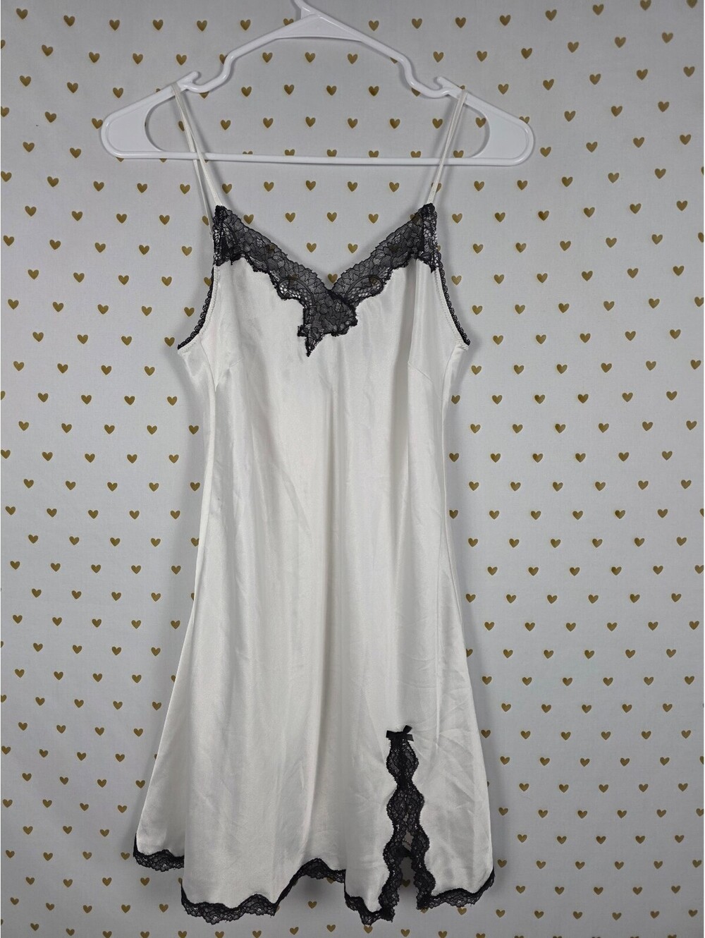 Victorias Secret White Lace Accent Slip Dress Nightie SMALL Silky Lingerie